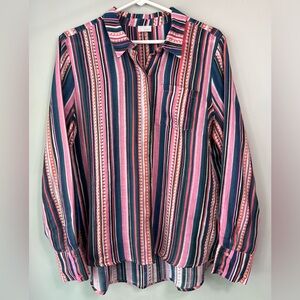 Ecru 100% Linen Multicolor Pink Striped Women's Long Sleeve Button Up Top Large